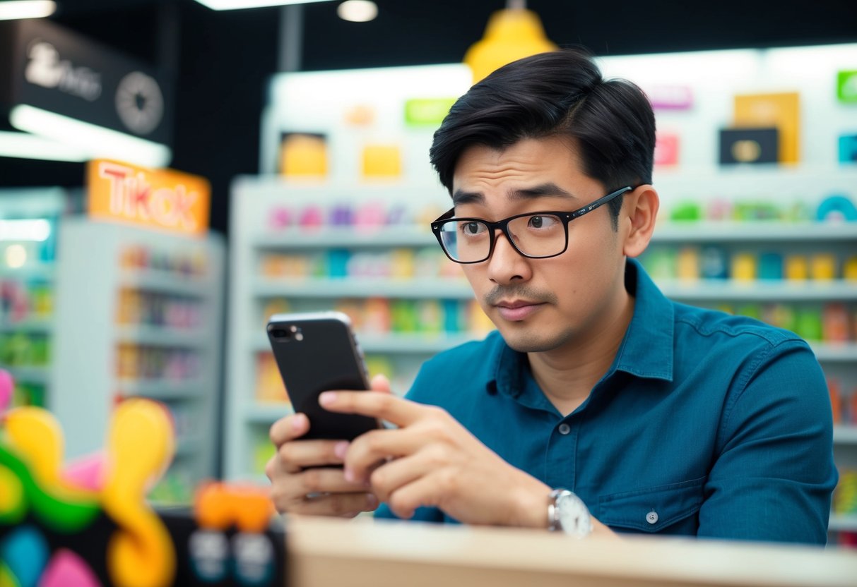 A person using a smartphone to browse the TikTok Shop, with a skeptical expression and a questioning gesture