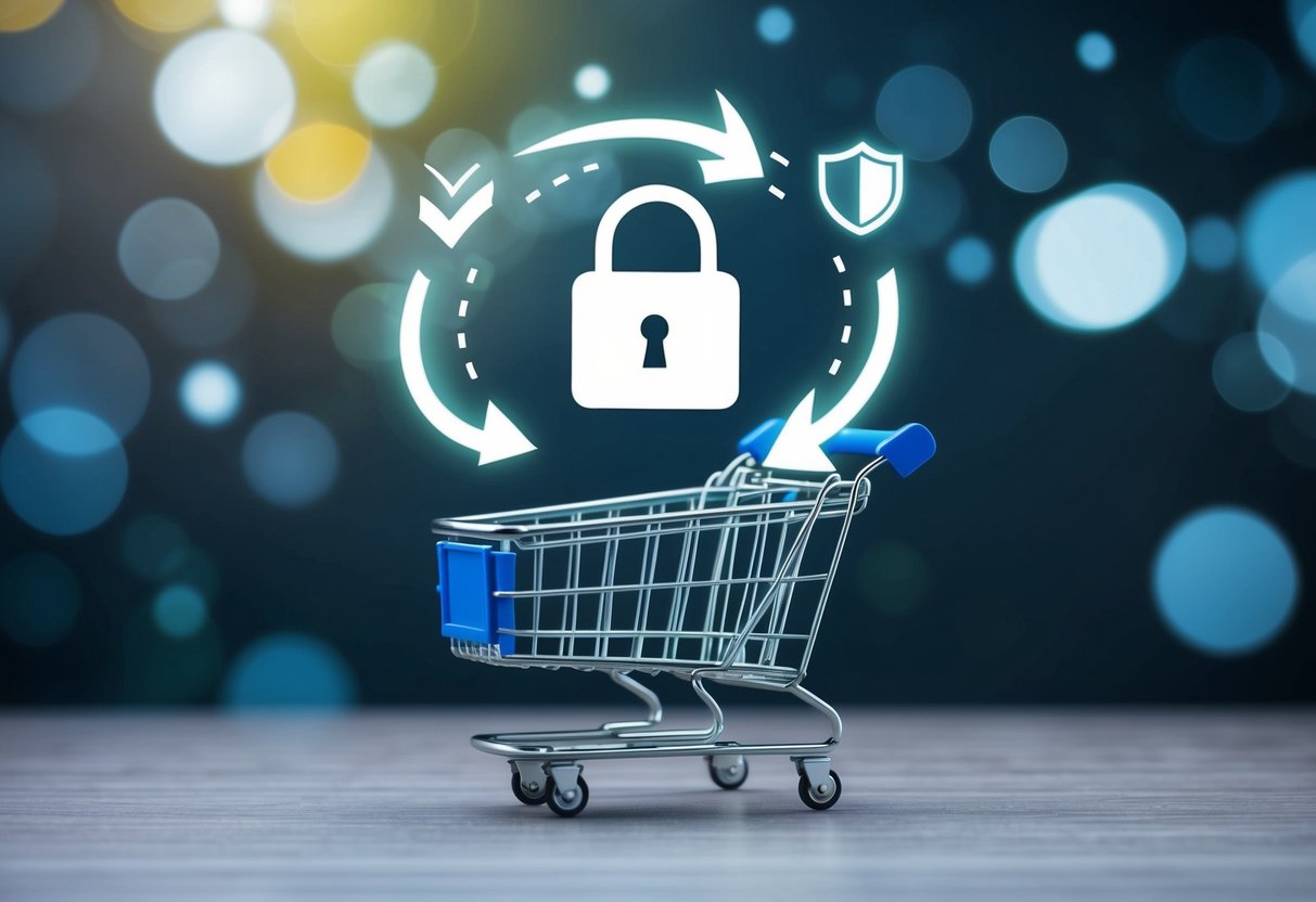 A secure lock icon hovering above a shopping cart, surrounded by a shield and checkmark symbols