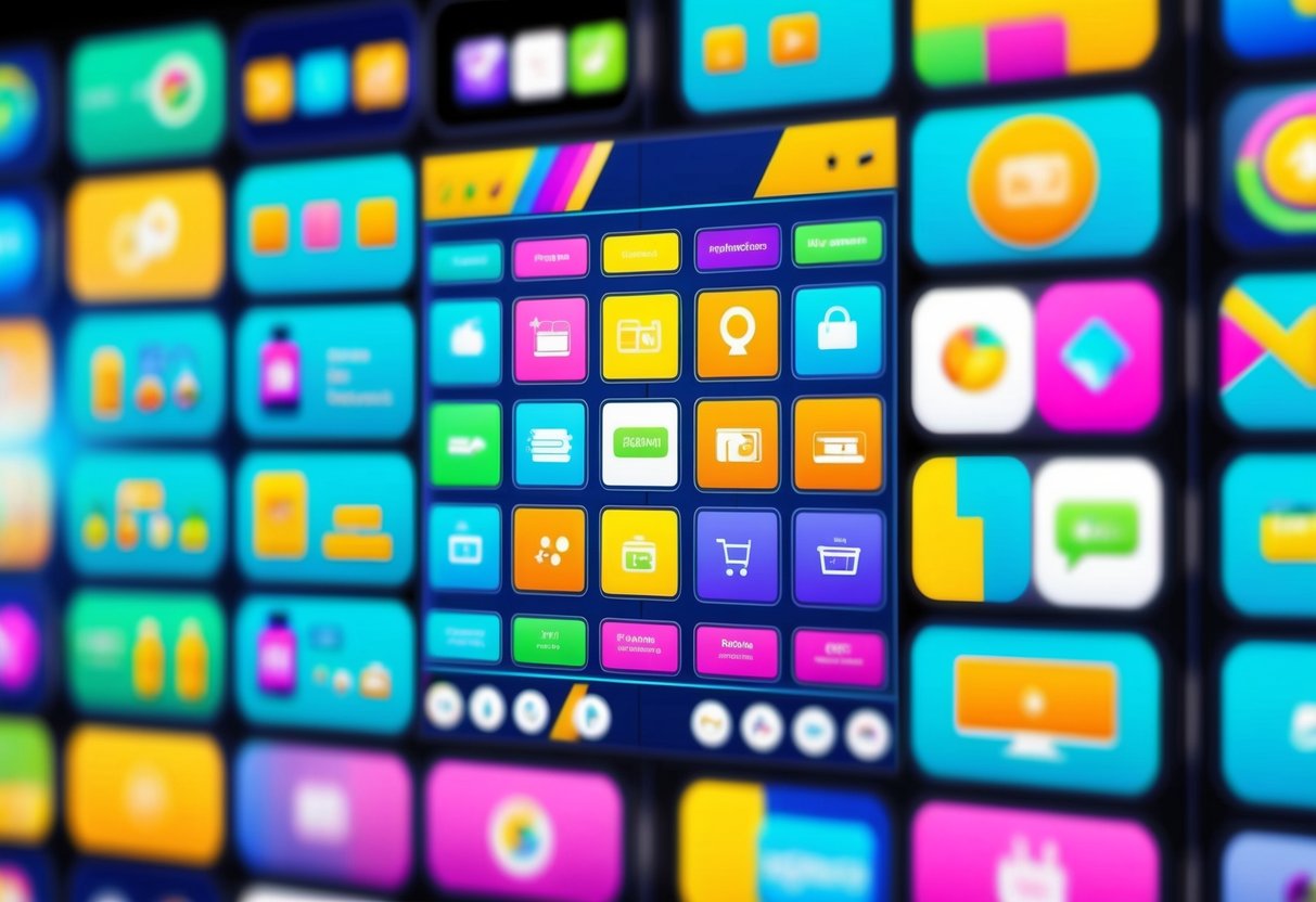 A colorful and vibrant digital storefront with various products displayed in a grid layout, featuring eye-catching graphics and engaging animations