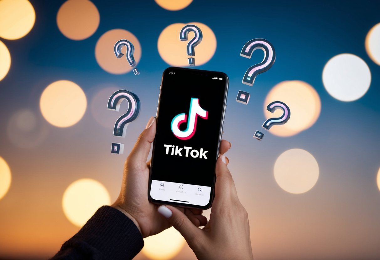 A smartphone with the TikTok app open, surrounded by question marks and a checkmark symbol