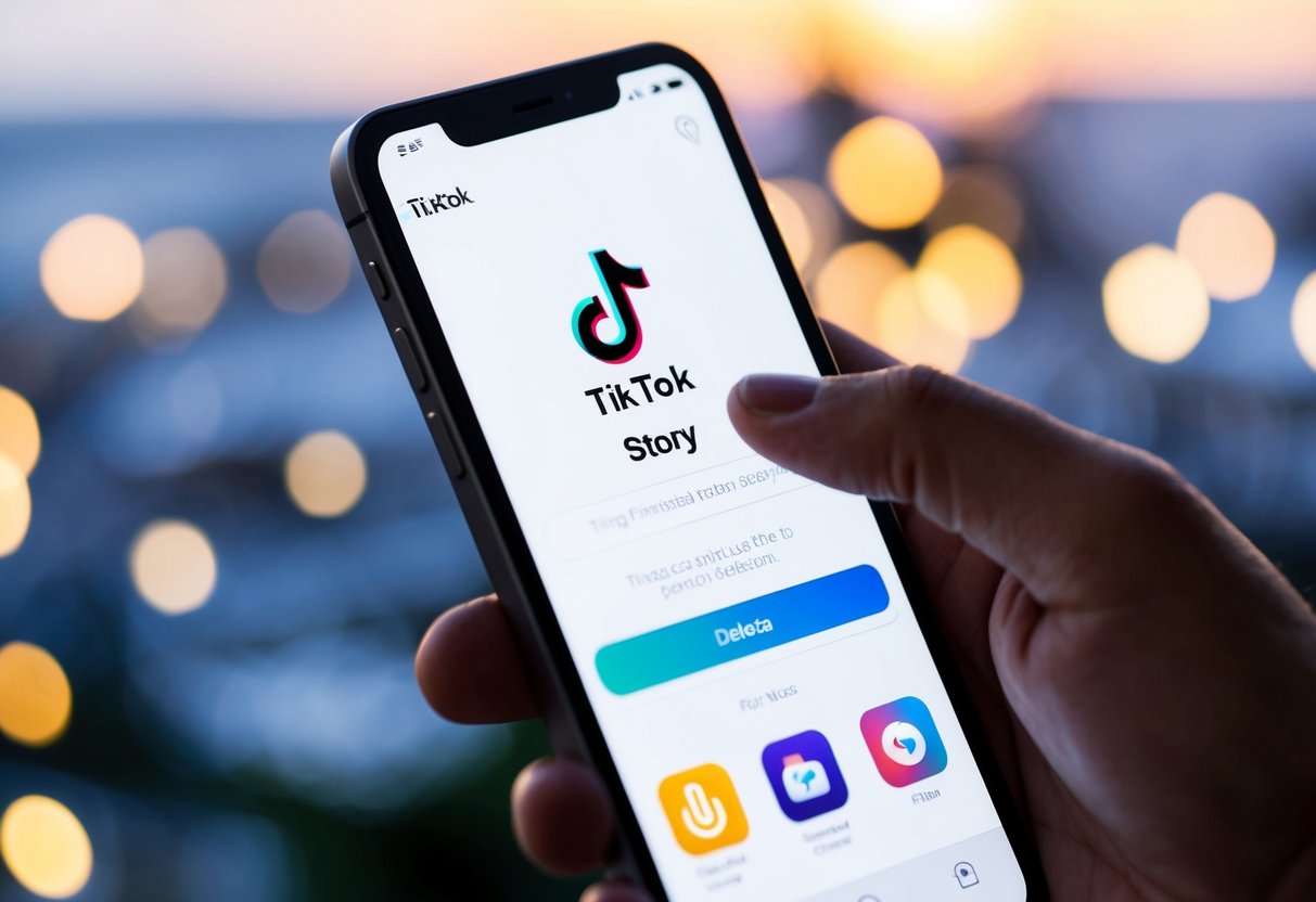 A phone screen showing the TikTok app open to the story section, with a finger tapping on the "..." button and selecting the "Delete" option