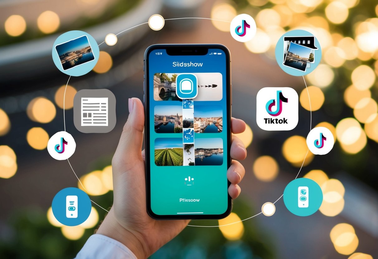 A smartphone displaying a series of images with a "slideshow" icon, surrounded by TikTok interface elements