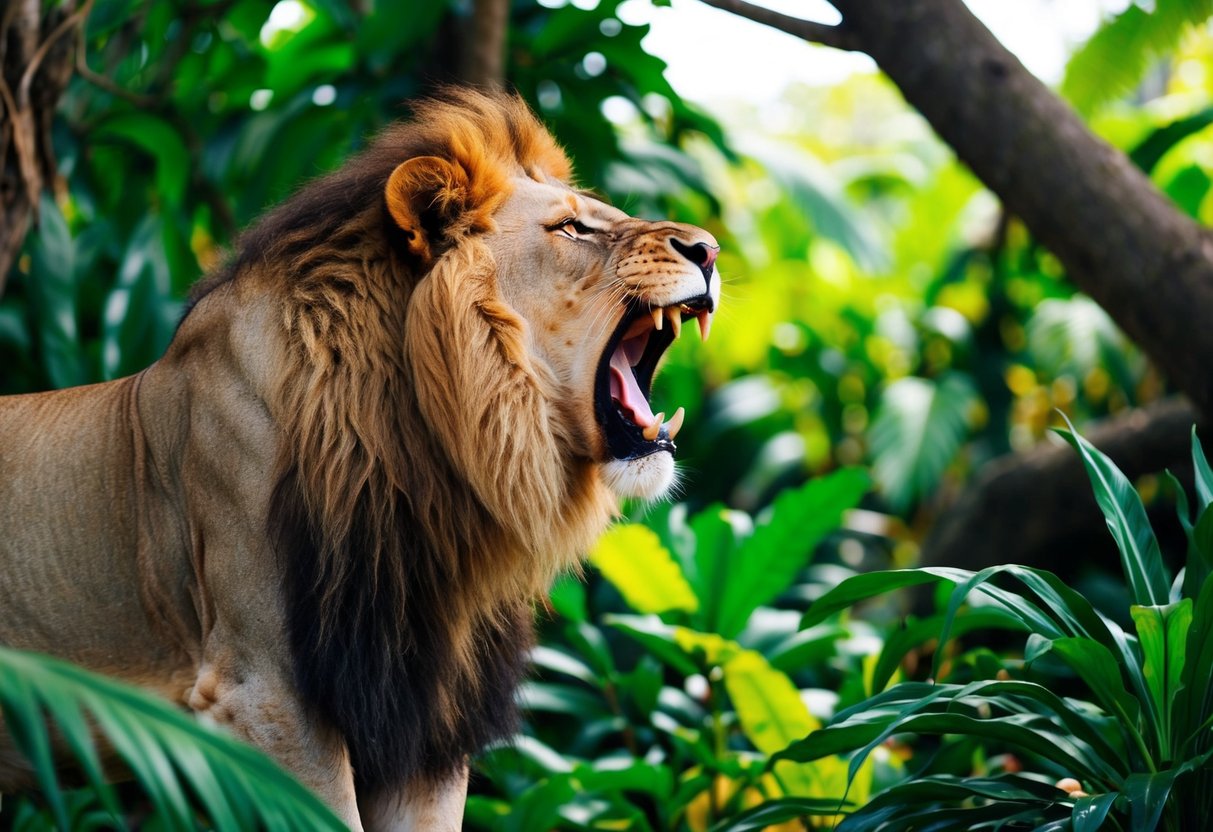 A lion roaring in a lush jungle, surrounded by vibrant foliage and wildlife