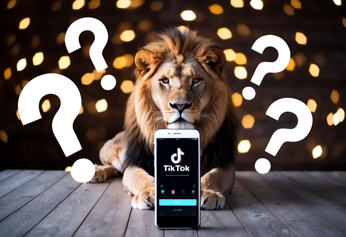 A lion sitting in front of a smartphone with the TikTok app open, surrounded by question marks