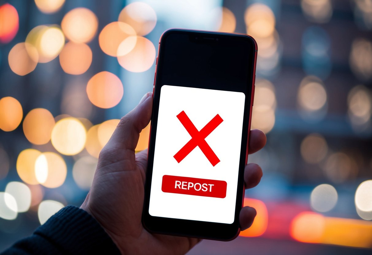 A smartphone with a "repost" button crossed out in red
