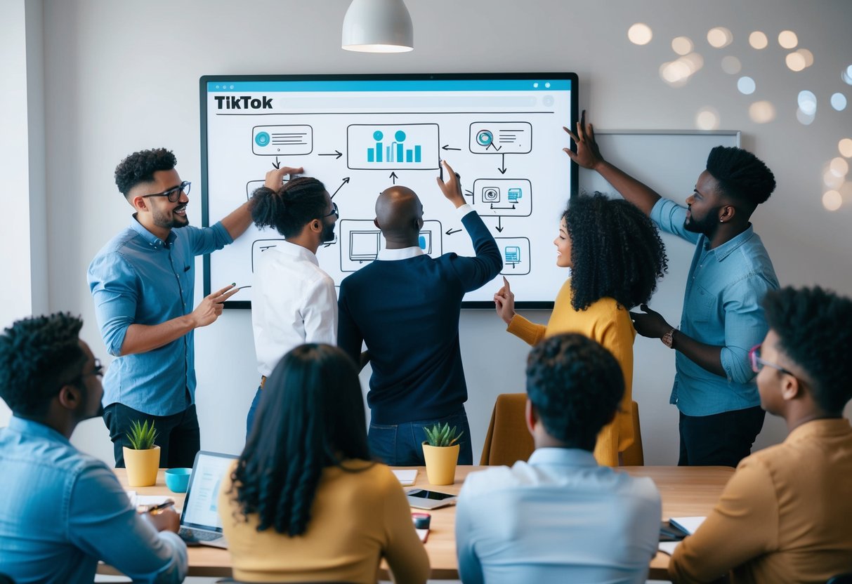 A group of diverse people brainstorming and sharing ideas on a virtual whiteboard, using various digital tools to collaborate on TikTok content creation